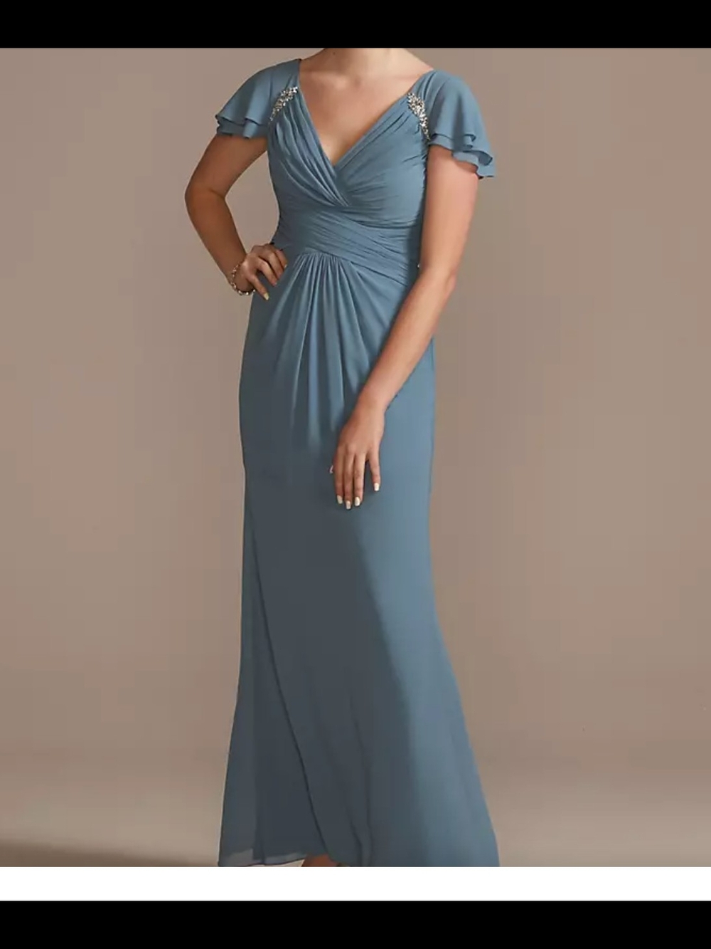 Ladies Size 12 V-Neck Ruched Crystal Embellished Flutter Sleeve Gown
